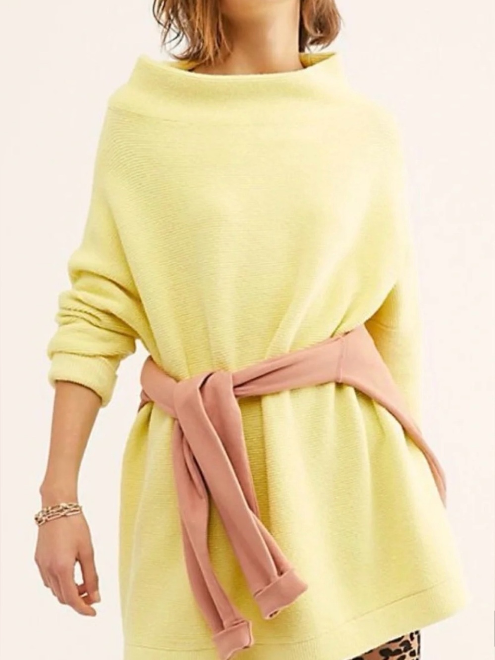 Free People Chartreuse Ottoman Slouch Mock Neck Tunic Sweater - Size XL